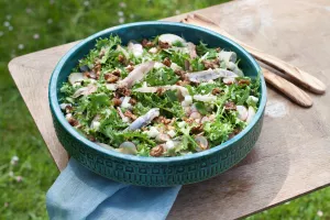 Salade met West-Vlaamse gerookte sprot, hoeveschapenkaas uit de Vlaamse Ardennen en een stroop-mosterd sausje