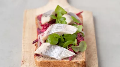 Boterham met Vlaamse ingelegde haring, rode biet, appel en waterkers